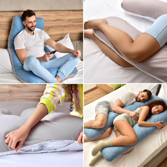 Подушка П-образная для сна и отдыха стеганная 140х75х20 см U-shape IDEIA с наволочкой на молнии антиалергенная