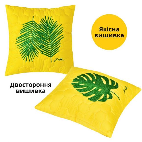 Подушка декоративная 40х40 Тропикал с вышивкой гипоалергенная желтая Подушка декоративная 40х40 Тропикал с вышивкой гипоалергенная желтая